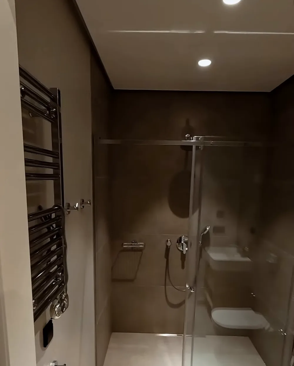 The bathroom: a shower behind glass, a wall-hung toilet, a heated towel rail