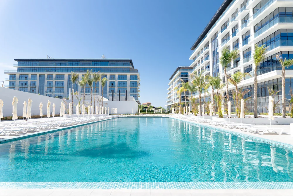 The Crocus Fitness open-air pool between the Lighthouse buildings