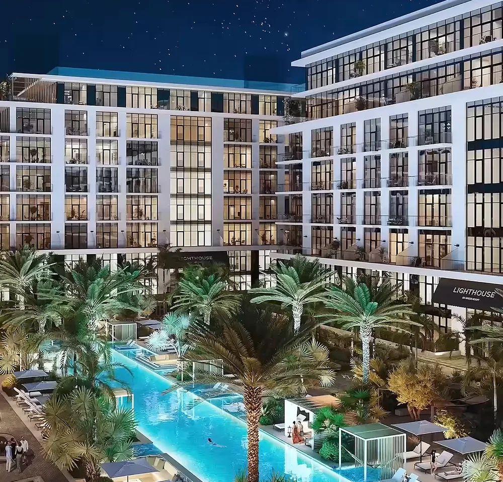 The developer's rendering: the Lighthouse 2 courtyard with a long pool — this is what it should look like after handover