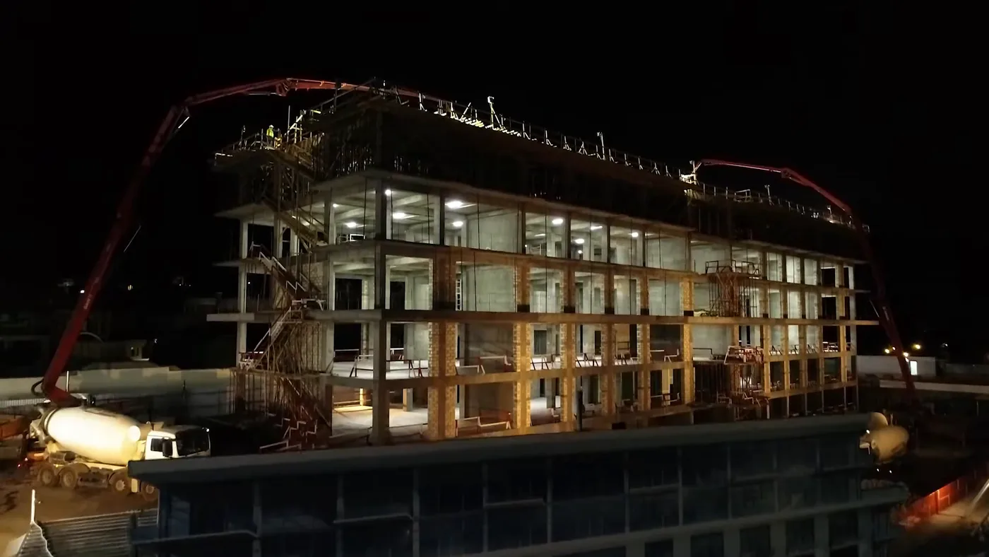 October 2019: night pouring of concrete on the frame of the first Lighthouse building